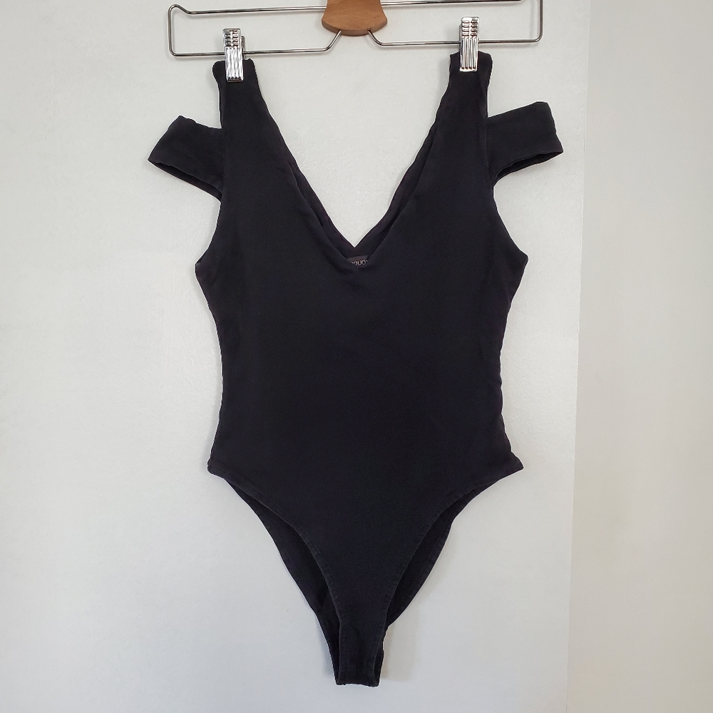 Black Edgy Bodysuit, Deep v-neck, open shoulder